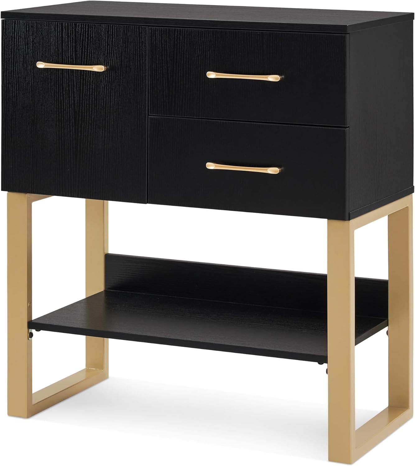 Black and Gold Particle Board Accent Storage Cabinet with Drawers and Shelf