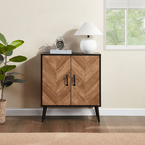 Accent Cabinet with Adjustable Shelf, Black Herringbone Design Sideboard