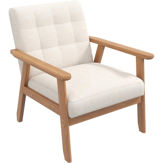 Accent Chair 1PC, Mid-Century Modern Living Room Chairs with Solid Wood Frame & Soft Thicken Cushion, Upholstered Arm Reading Chair for Bedroom, Balcony, Beige Linen Fabric & Natural Legs