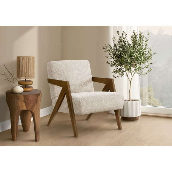 Accent Chair, 30H, Cream Fabric, Brown Walnut Wood, Modern Upholstered Seat