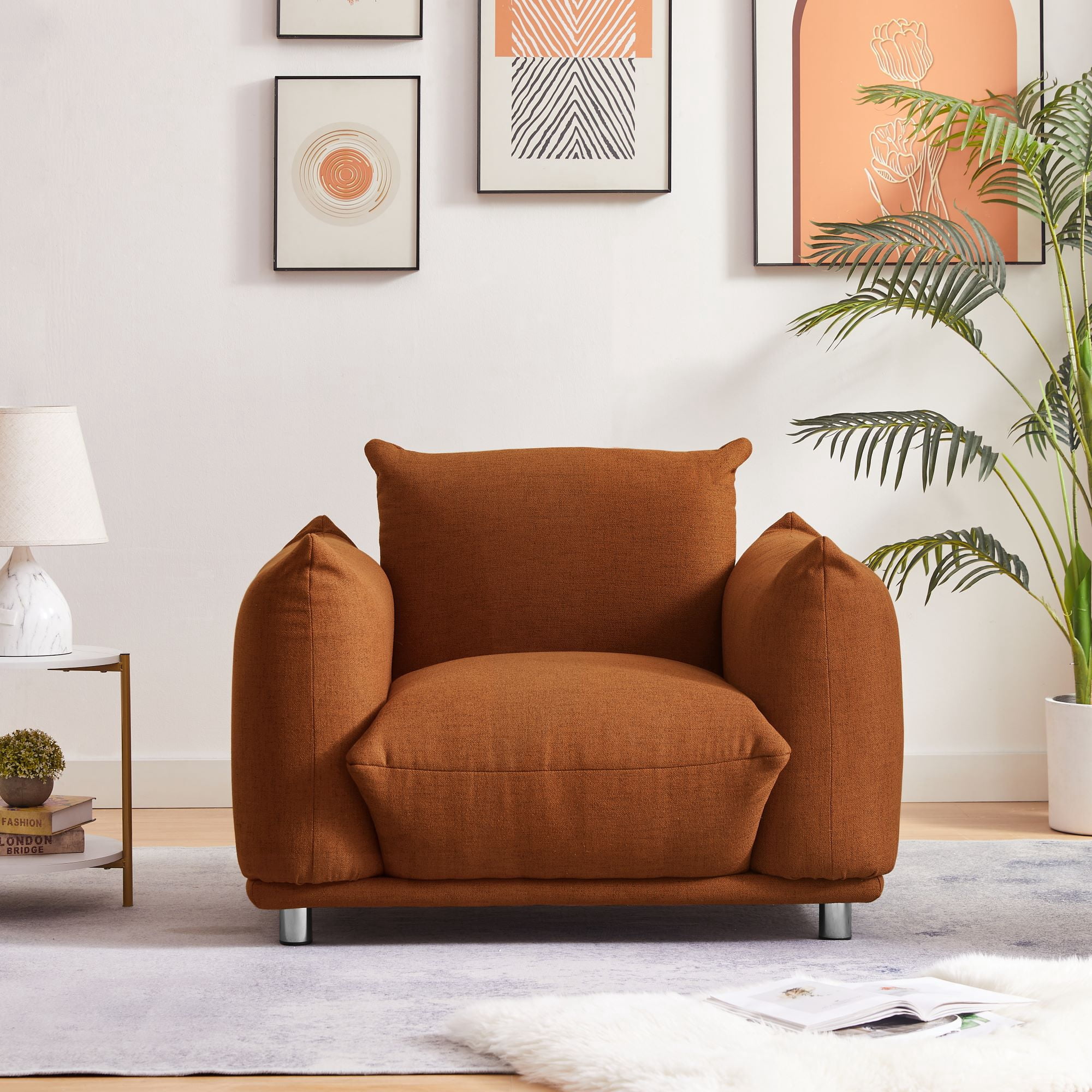 Accent Chair 42" Wide Cotton Linen Single Sofa for Bedroom and Living Room, Rust Red