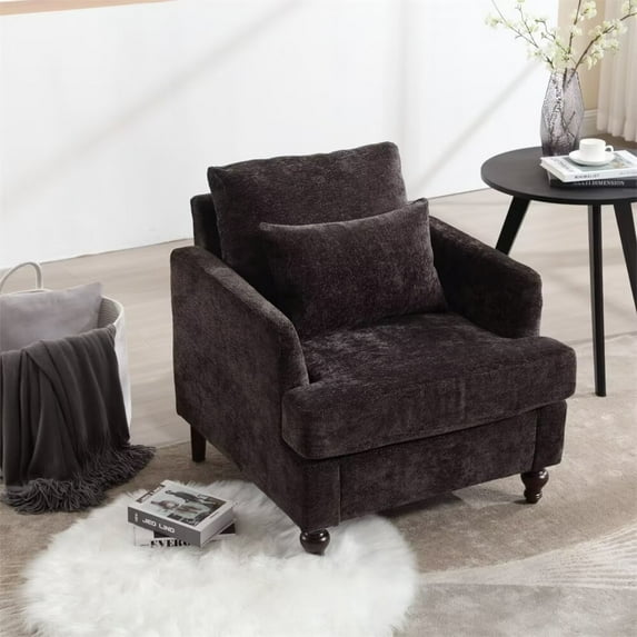 Accent Chair Armchair, Modern Chenille Upholstered Lounge Chair with Rubber Wood Legs and High Back Comfy Single Sofa Chair for Living Room Bedroom Office, Black