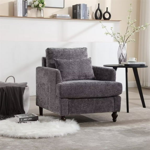 Accent Chair Armchair, Modern Chenille Upholstered Lounge Chair with Rubber Wood Legs and High Back Comfy Single Sofa Chair for Living Room Bedroom Office, Gray