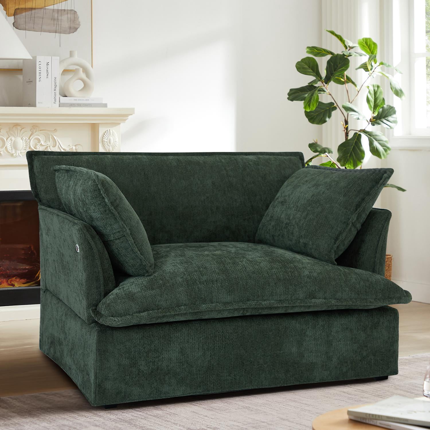 Accent Chair, Armchair, Single Sofa, Oversized Chenille Chair with 2 Pillows and Deep Seat for Living Room, Green