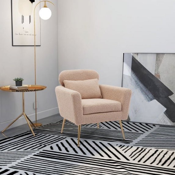 29.5"Modern Accent Chair Armchair Upholstered Reading Chair Single Sofa Leisure Club Chair with Gold Metal Leg and Throw Pillow for Living Room Bedroom Dorm Room Office, Light Camel