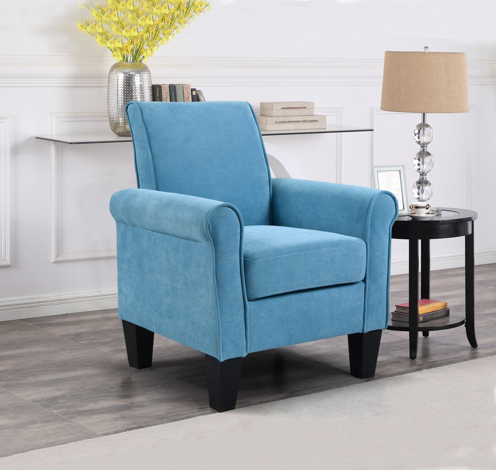Accent Chair with Arms, Modern Linen Fabric Upholstered Accent Armchair with High Back & Wooden