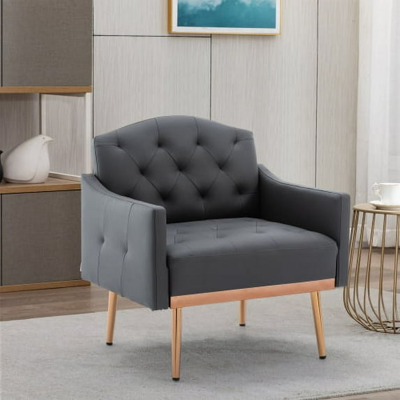 Accent Chair with Arms, Modern PU Leather and Tufted Upholstered Accent Arm Chair with Rose Golden Metal Legs, Lounge Comfy Single Sofa Chair, Leisure Chair for Living Room Bedroom Office, Gray