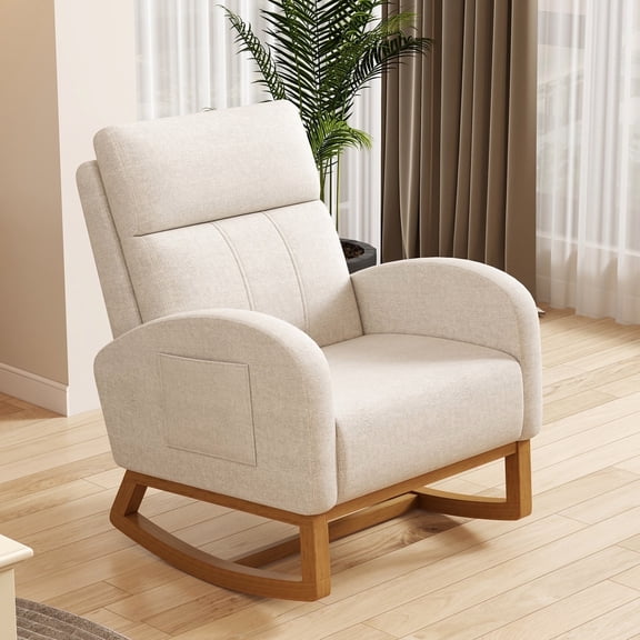 Rocking Chair Nursery Accent Chair for Bedroom Glider Comfy with High Backrest Upholstered Living Room Chair with Side Pocket, Cream
