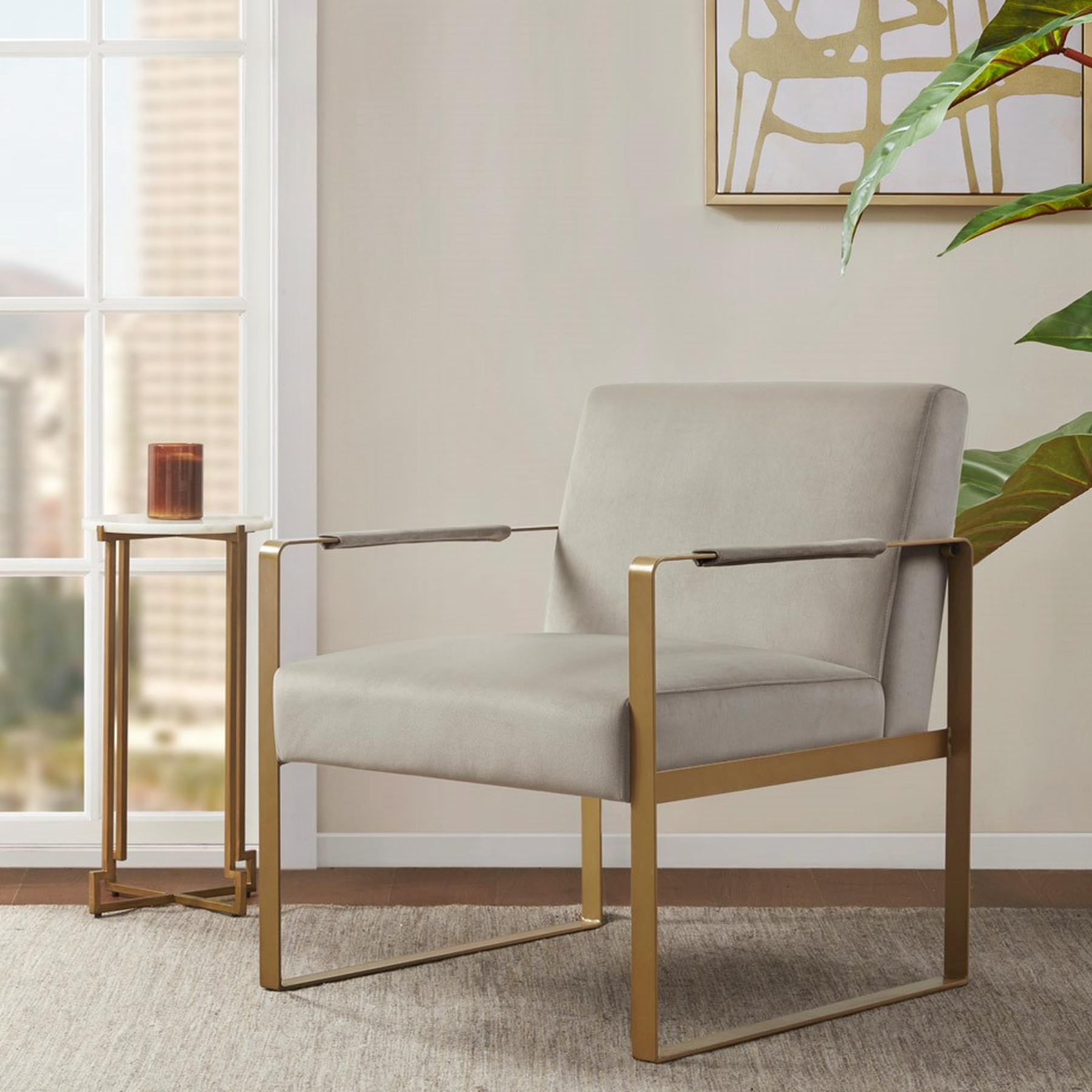 Accent Chair From - Beige Fabric Upholstery, Antique Gold Metal Supports, Dense Foam Cushioning Magnificent With Upholstered Back, Legs In Gold, Firm High Foam, Assembly Required