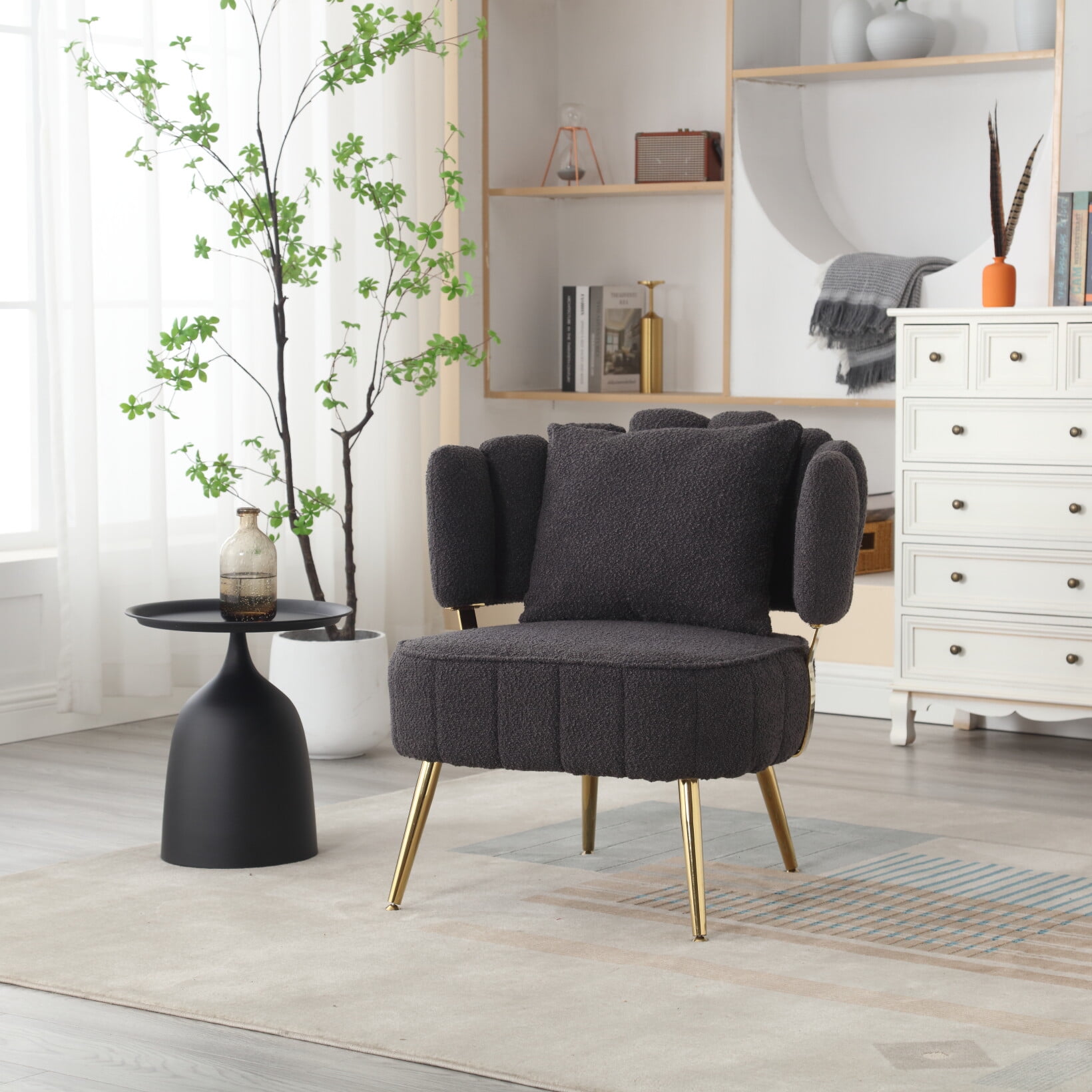 Accent Chair, Boucle Living Room Accent Chair with Wood Frame and Legs