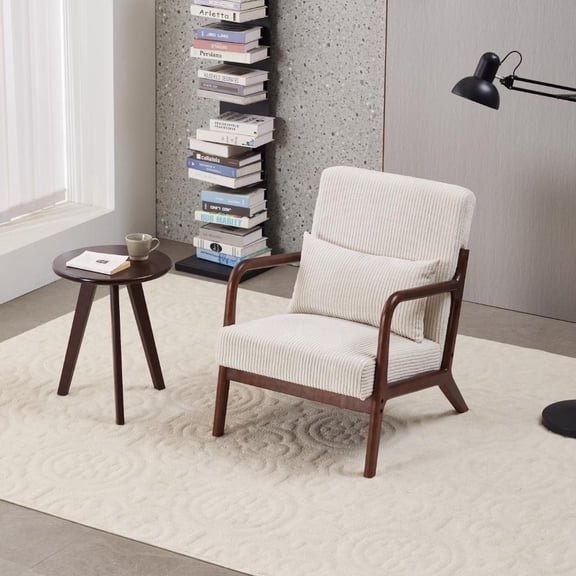 GARITIN, Accent Chair and Coffee Table Set, Polyester Upholstery/1Seater with WalnutTone Table, Beige & Walnut