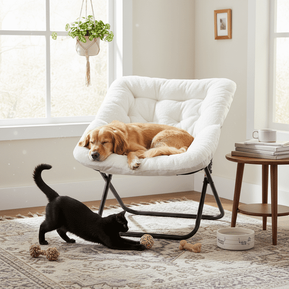 Accent Chair, Comfy Folding Living room Saucer Chair with Faux Fur Padded for Lounge Reading, Metal X-Large, Whie