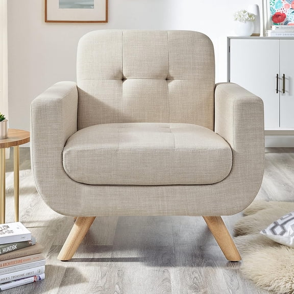 Shengchao Trade Accent Chair, Comfy Upholstered Armchair with Solid Wood Legs, Linen Fabric Modern High Back Chair for Living Room Chairs, Accent Reading Chairs Single Sofa Chairs, Beige