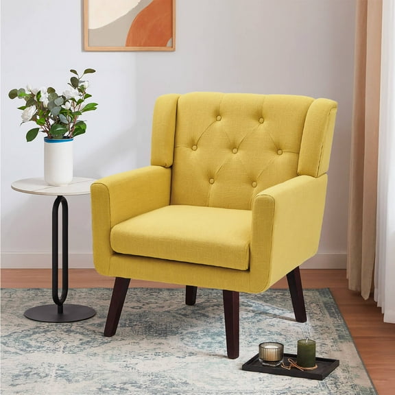 Accent Chair, Comfy Upholstered Mid Century Modern Armchair, Button-Tufted with Linen Fabric Lounge Arm Chairs for Living Room Bedroom (Yellow)