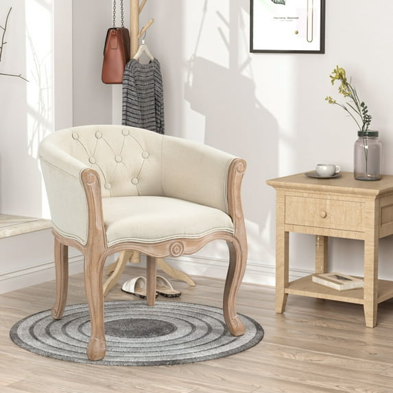 Accent Chair with Curved Backrest, French Country Chair with Carved Legs, Upholstered Linen Single Sofa Chair, Vintage Comfy Living Room Chair for Office Living Room Bedroom, Beige