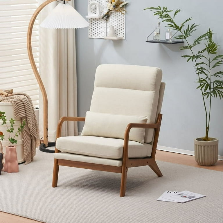 Accent Chair with Cushion Mid Century Modern Reading Armchair with Wood Armrest Upholstered Linen Lounge Chair Solid Wood Side Chair for Living Room