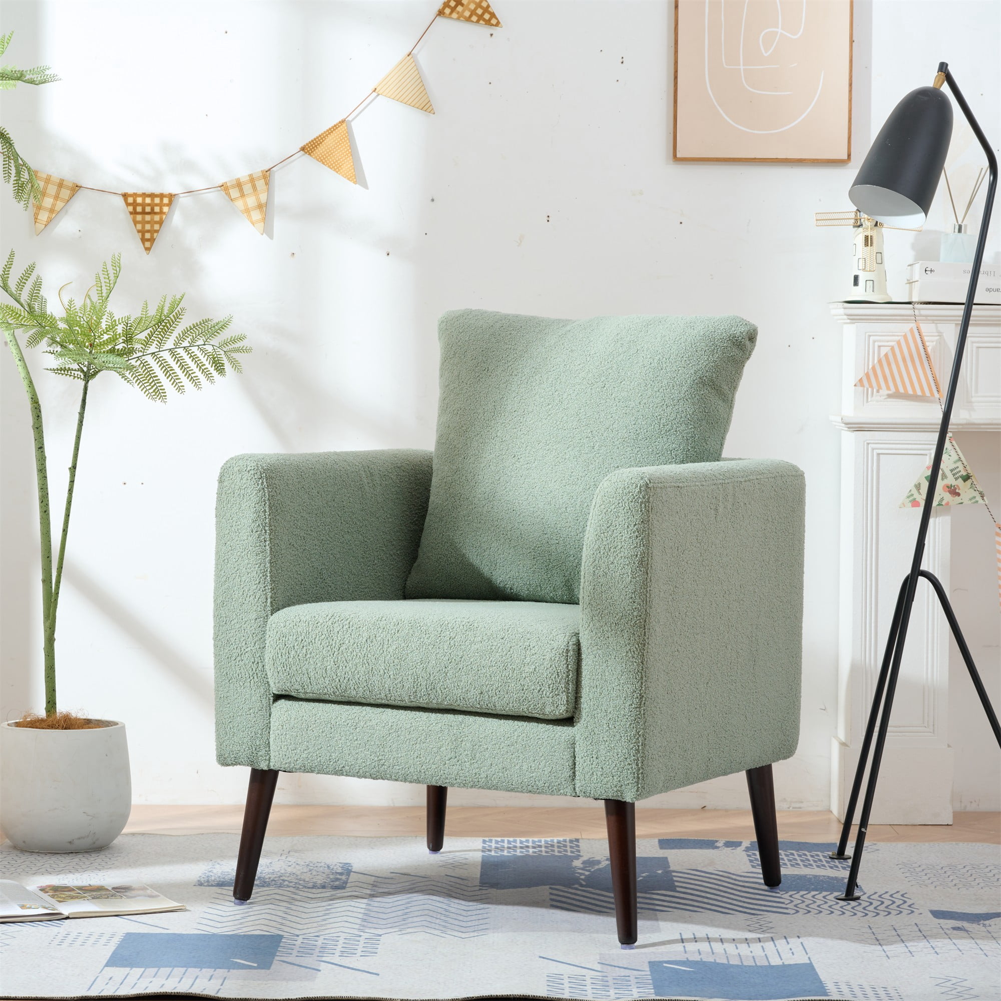 Accent Chair,Fabric Armchair Club Chair Single Chair Upholstered Arm Chair with Solid Wood Legs for Living Room/Bedroom,Green