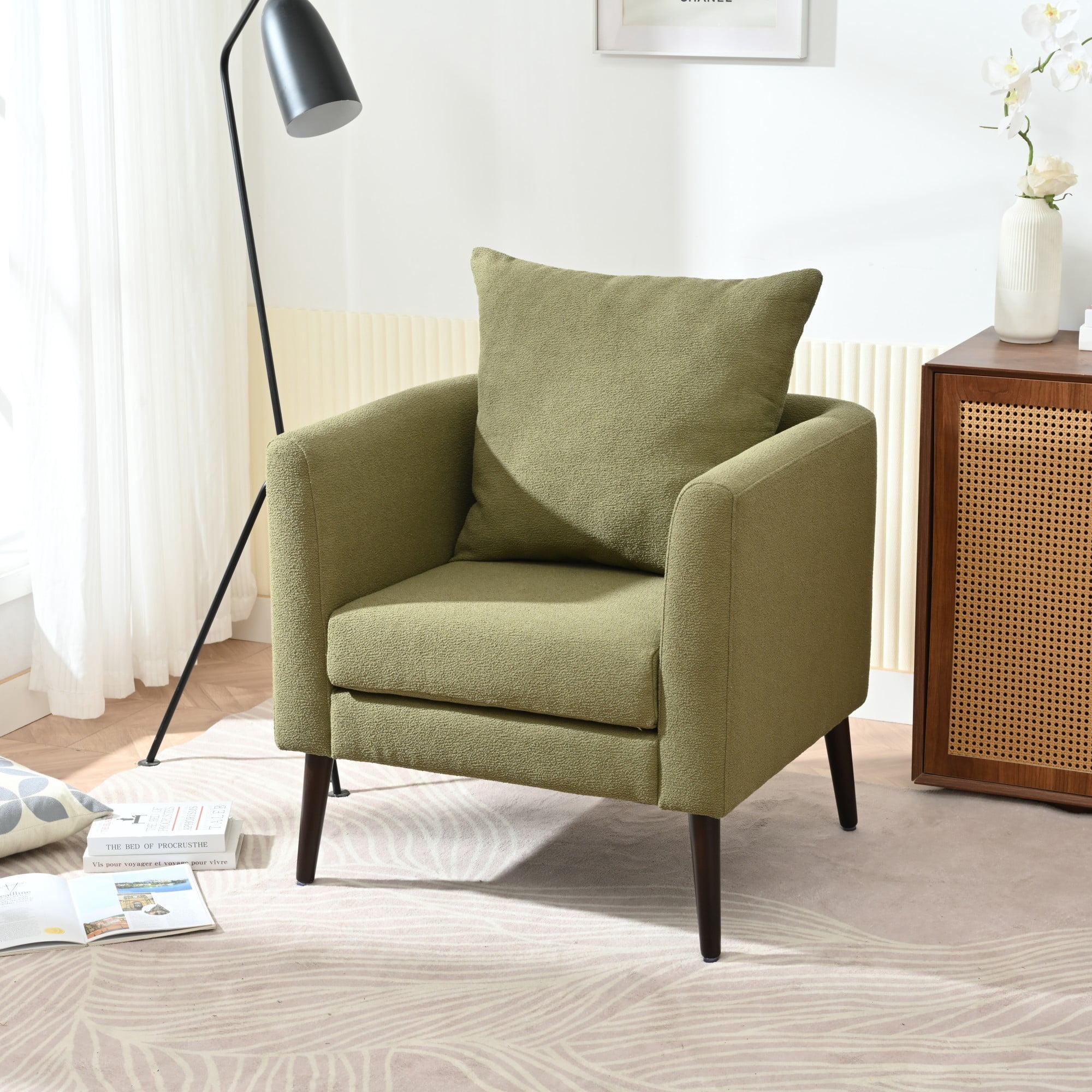 Accent Chair,Fabric Armchair Club Chair Single Chair Upholstered Arm Chair with Solid Wood Legs for Living Room/Bedroom,Olive Green