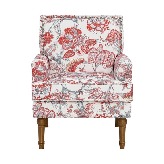 Accent Chair, Floral Armchair, Nailhead Trim, Red and white Decor, Solid Wood Legs, Farmhouse Furniture, Upholstered Slipper Chair, Side Chair, Traditional Print, Wayfair Living Room.