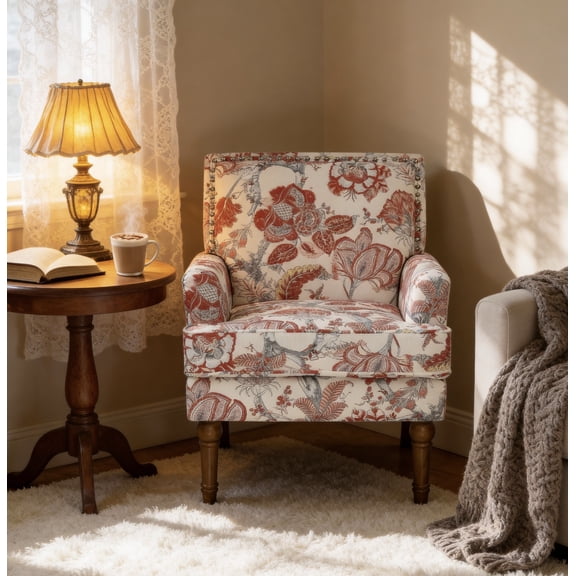 Accent Chair with Floral Upholstery, Armchair with Nailhead Trim, Red and White Traditional Print, 9" Solid Wood Legs, Farmhouse Slipper Chair for Living Room, Bedroom