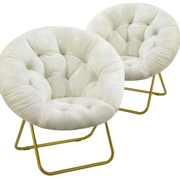 Accent Chair, Folding Living room Saucer Chair with Faux Fur Padded for Lounge Reading, Metal X-Large, Whie