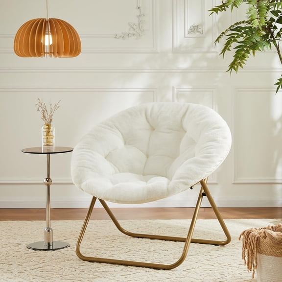 Accent Chair, Folding Living room Saucer Chair with Faux Fur Padded for Lounge Reading, Metal X-Large, Whie