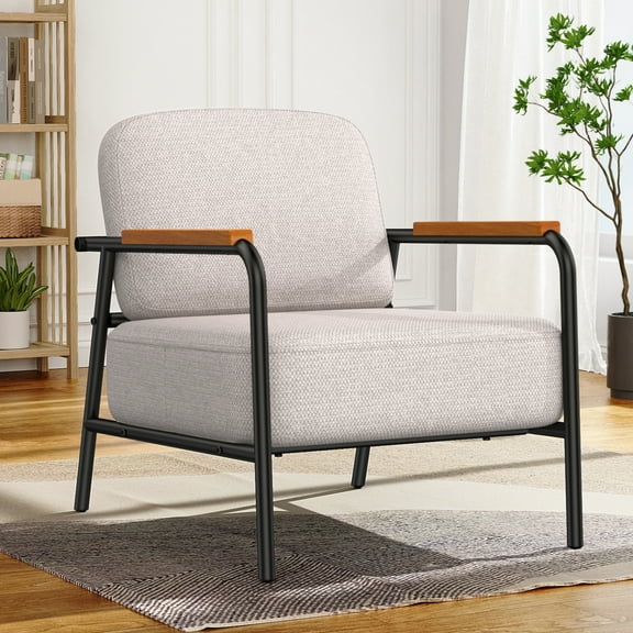 Accent Chair for Living Room, Back Lumbar Support, Upholstered Chenille Fabric Armchair with Black Metal Legs, Easy Assembly Side Chair for Bedroom, Office, Reception Room, Corner, Reading, Beige