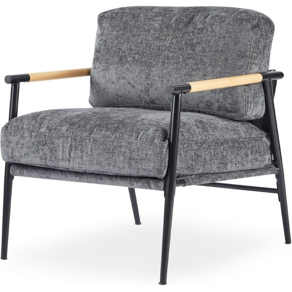 Accent Chair Living Room Chair, Mid Century Modern Armchair Comfy Reading Chair for Bedroom, Upholstered Chenille Fabric Lounge Chair W/Plush Cushions, Metal Frame and Wooden Armrest, 1PC, Gray