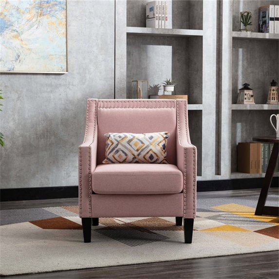 Accent Chair, Living Room Chair with Solid Wood Legs, Modern Upholstered Armchair with Nailheads, Single Sofa Chair Reading Chair for Living Room Bedroom Office, Weight Capacity 275 LBS, Pink