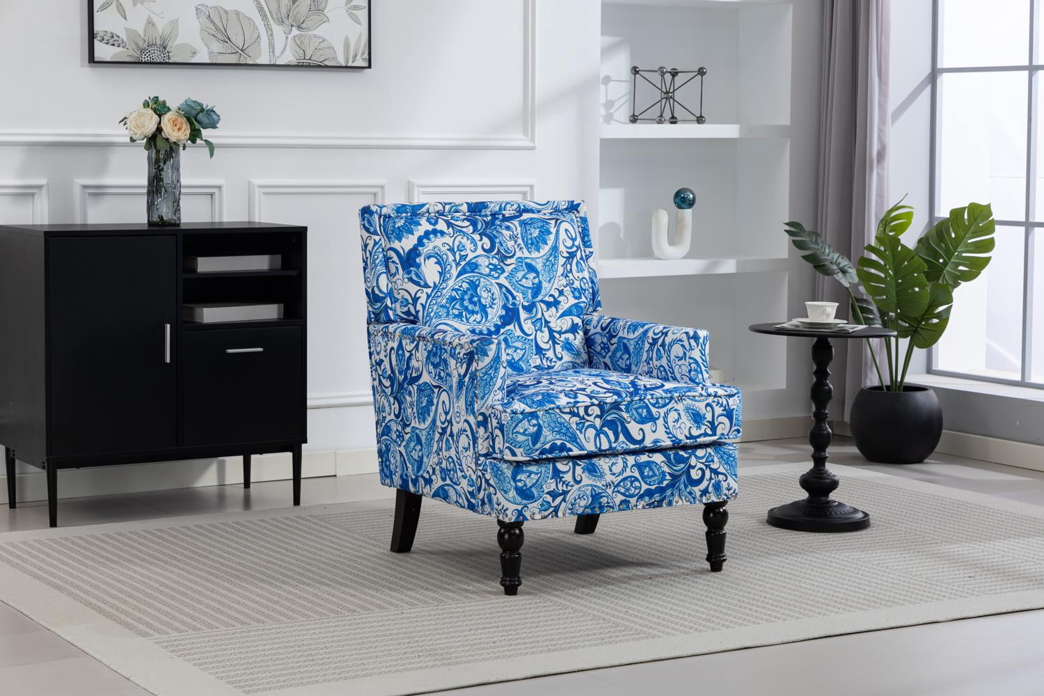Accent Chair, Living Room Chair, Upholstered Armchair with Blue and White Porcelain Print Linen Fabric Solid Wood Frame Nailhead Trim Vintage Design, Blue and White Stripes
