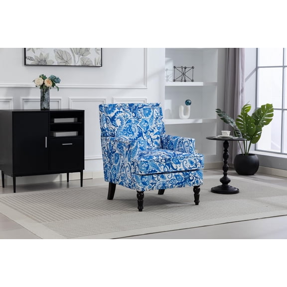 Accent Chair, Living Room Chair, Upholstered Armchair with Blue and White Porcelain Print Linen Fabric Solid Wood Frame Nailhead Trim Vintage Design, Blue and White Stripes