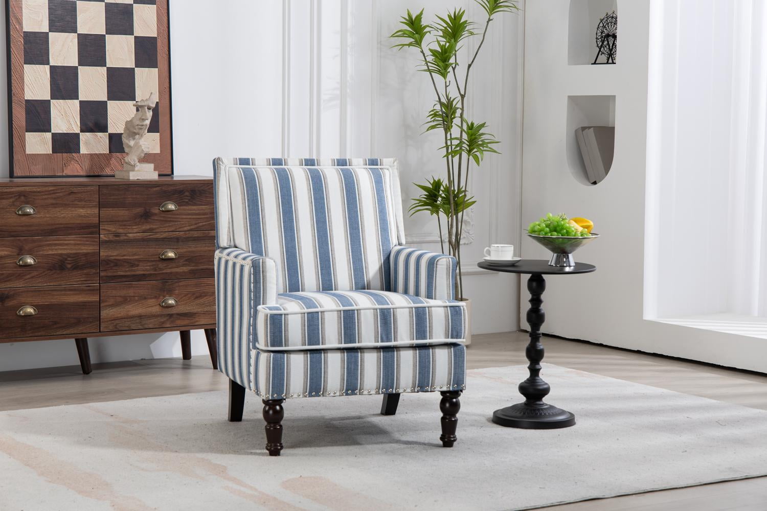 Accent Chair, Living Room Chair, Upholstered Armchair with Blue and White Striped Linen Fabric Solid Wood Frame Nailhead Trim Vintage Design, Blue