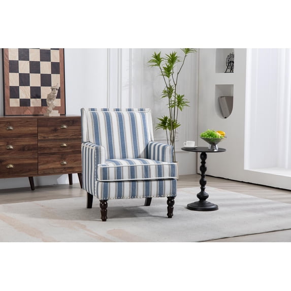 Accent Chair, Living Room Chair, Upholstered Armchair with Blue and White Striped Linen Fabric Solid Wood Frame Nailhead Trim Vintage Design, Blue