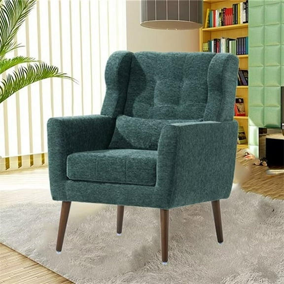 Accent Chair for Living Room, Modern Chenille Fabric Upholstered Armchair with Pillow and Solid Wood Leg, Comfy Soft Padded Lounge Chair Reading Chair for Small Spaces Bedroom, Blackish Green
