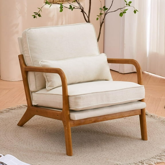 Accent Chair for Living Room,Modern Linen Indoor Single Leisure Lounge Chair with Oak Armrest & Lumbar Pillow,Upholstered Single Lounge Chair Indoor Lounge Chair Off-White