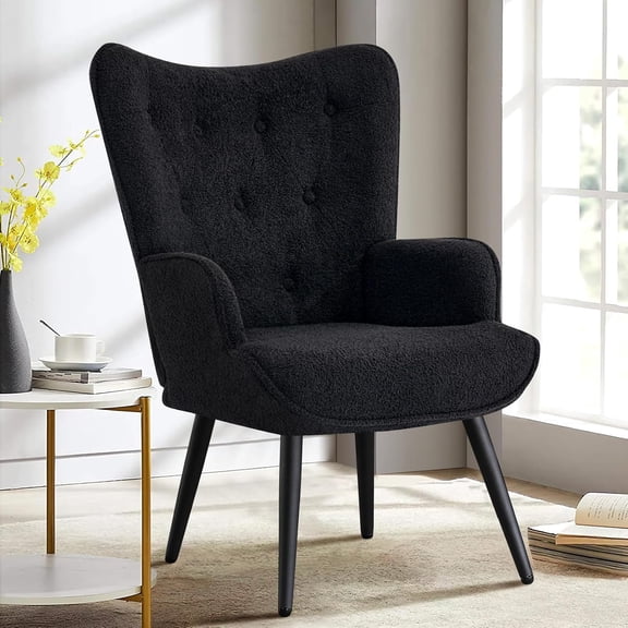 Accent Chair for Living Room, Upholstered Reading Chair with High Backrest, Tufted-Button Wingback Armchair for Bedroom, Dressing Room, Home Office, Black