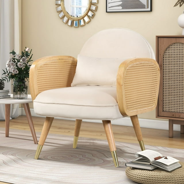 Accent Chair for Living Room, Velvet Armchair with Rattan Armrest and Metal Legs, Upholstered Mid Century Modern Reading Side Chair Single Sofa Chair with Padded Cushion for Bedroom, Home, Beige