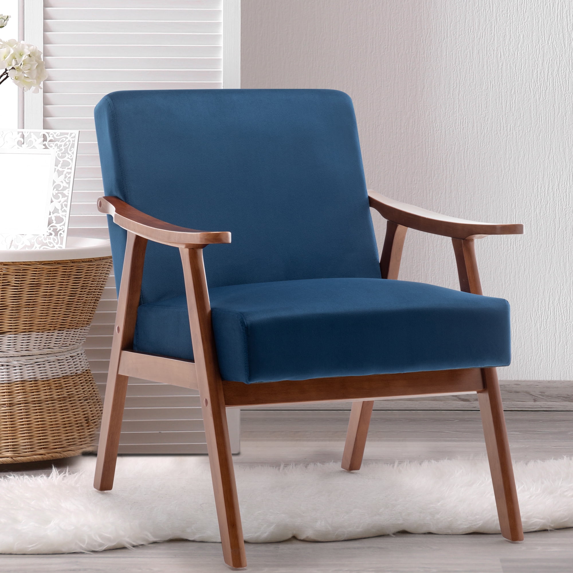 Accent Chair, Mid-Century Modern Armchair with Solid Wood Legs, Reading Leisure Chair with High Back for Living Room Bedroom Waiting Room, Blue+Velvet