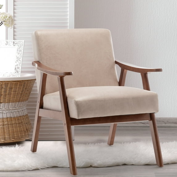 Accent Chair, Mid-Century Modern Armchair with Solid Wood Legs, Reading Leisure Chair with High Back for Living Room Bedroom Waiting Room, Light Camel+Tech Cloth