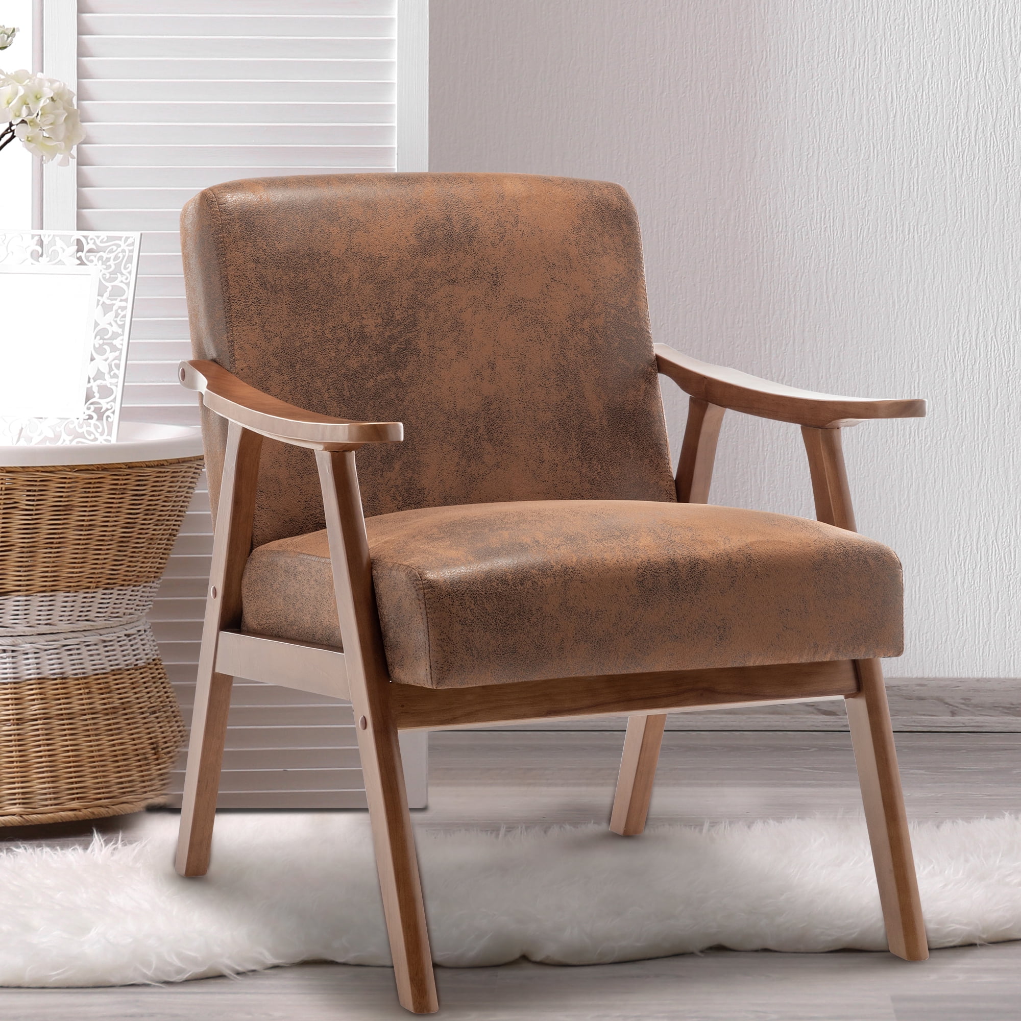 Accent Chair, Mid-Century Modern Armchair with Solid Wood Legs, Reading Leisure Chair with High Back for Living Room Bedroom Waiting Room, Brown