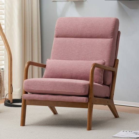 Accent Chair Mid-Century Modern Chair, Comfortable Indoor Leisure Chair with Pillow Upholstered Lounge Arm Chair with Solid Wood Frame & Soft Cushion for Living Room, Balcony ( Pink-High Back)