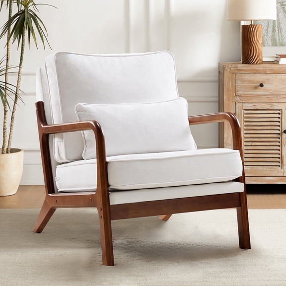 Accent Chair, Mid Century Modern Chair with Pillow, Upholstered Lounge Arm Chairs, Linen Fabric Comfy Reading Chair with Wood Frame, Side Chair, Beige White