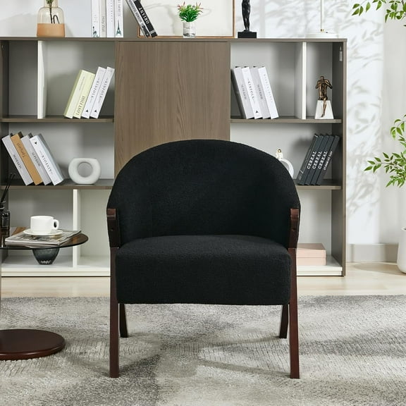Accent Chair Mid Century Modern Chair Teddy Velvet Living Room Chairs with Wood Frame Comfy Upholstered Reading Side Chair Easy Assembly for Bedroom (Black)