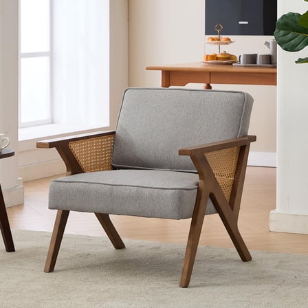 Accent Chair, Mid-Century Modern Chair with Soft Cushion, Linen Fabric Upholstered Lounge Arm Chair with Wood Frame for Living Room, Bedroom, Balcony