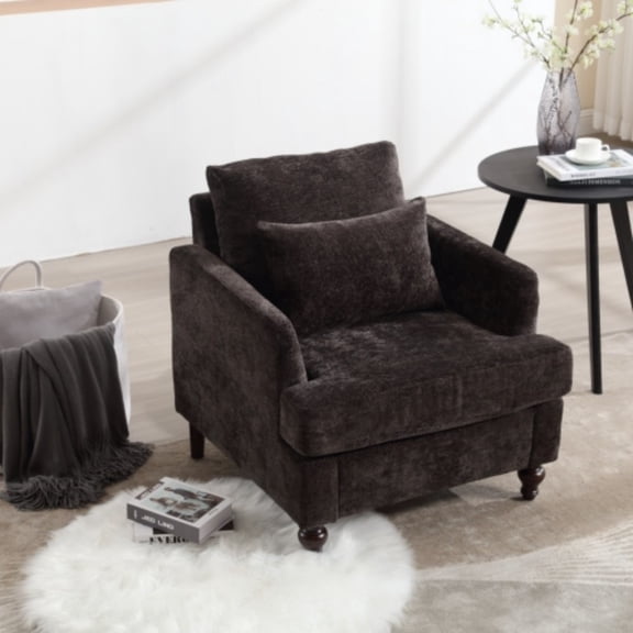 Accent Chair, Mid Century Modern Chenille Armchair with Tufted Back, Studded Solid Wood Frame, Upholstered Lounge Chair for Living Room, Bedroom, Black