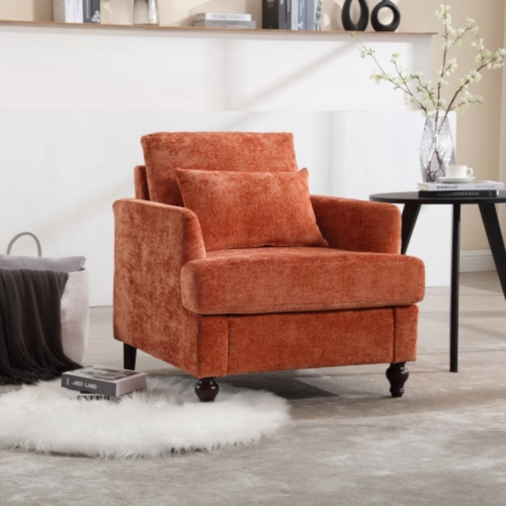 Accent Chair, Mid Century Modern Chenille Armchair with Tufted Back, Studded Solid Wood Frame, Upholstered Lounge Chair for Living Room, Bedroom, Dark Orange