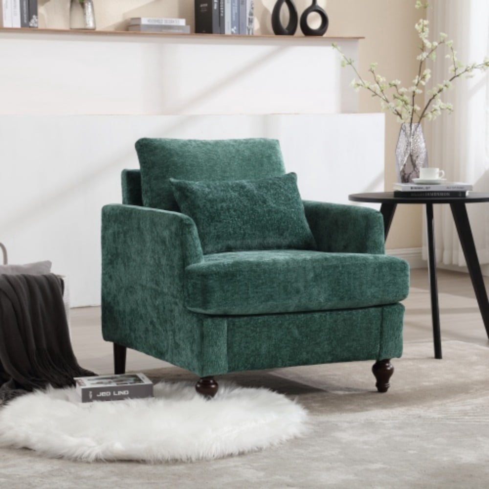 Accent Chair, Mid Century Modern Chenille Armchair with Tufted Back, Studded Solid Wood Frame, Upholstered Lounge Chair for Living Room, Bedroom, Emerald