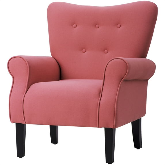 Accent Chair, Modern Button Tufted Wingback Armchair with Solid Wood Legs, Comfy Linen Upholstered Single Sofa Chair with Ergonomic Backrest and Padded Armrest, Leisure Reading Chair for Bedroom Brick