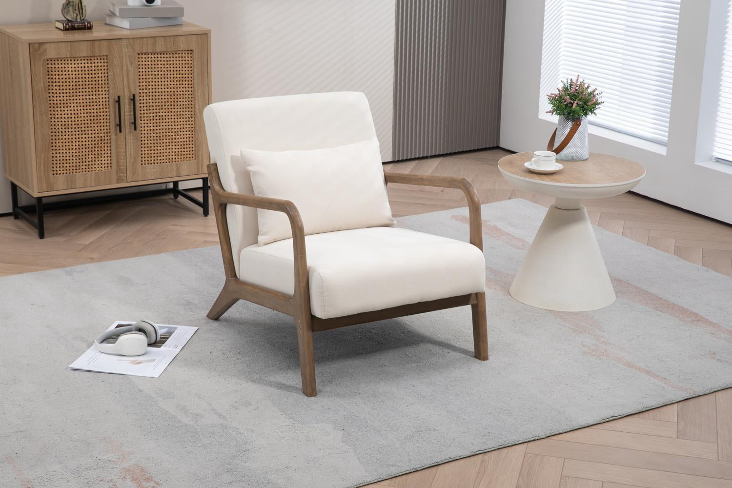 Accent Chair, Modern Chair, Reading Chair with Antique White Cotton Linen Upholstery Solid Wood Frame Includes Waist Cushion Mid Century Modern Style, Antique White