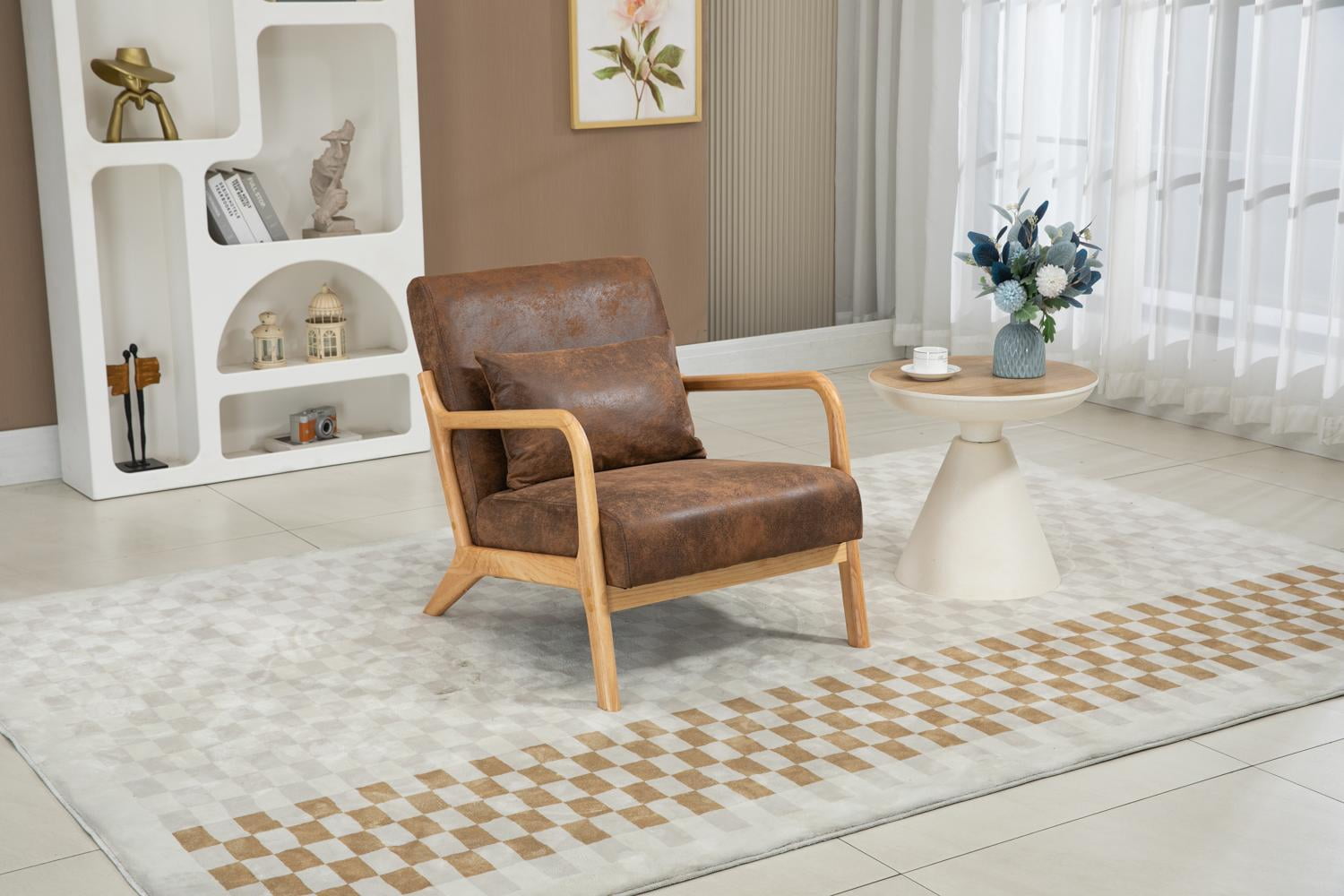 Accent Chair, Modern Chair, Reading Chair with Brown Fabric Upholstery Solid Wood Frame Includes Waist Cushion Mid Century Modern Style, Brown